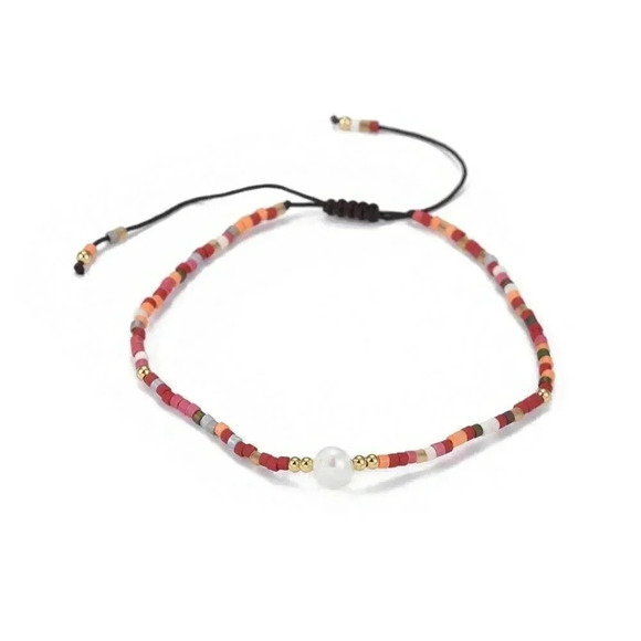 Handcrafted Real Freshwater Pearl Sunset Red Multi Japanese Glass Beads Bracelet - Picture 2 of 3